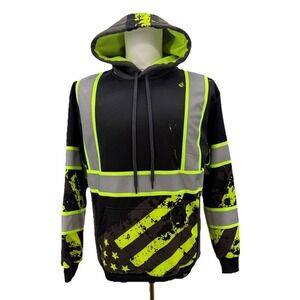 SS360 Safety Shirtz Hoodie Mens L Black Neon Yellow Reflective American Flag